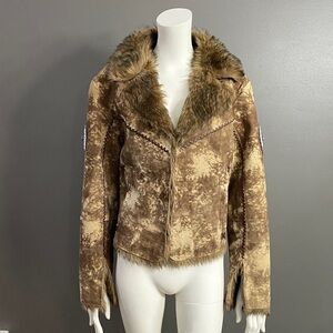 Cripple Creek Leather Brown Faux Fur Women's Western Jacket Size L